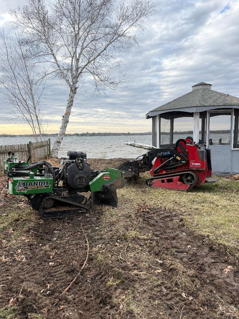 Stump grinding equipment at lakeside property